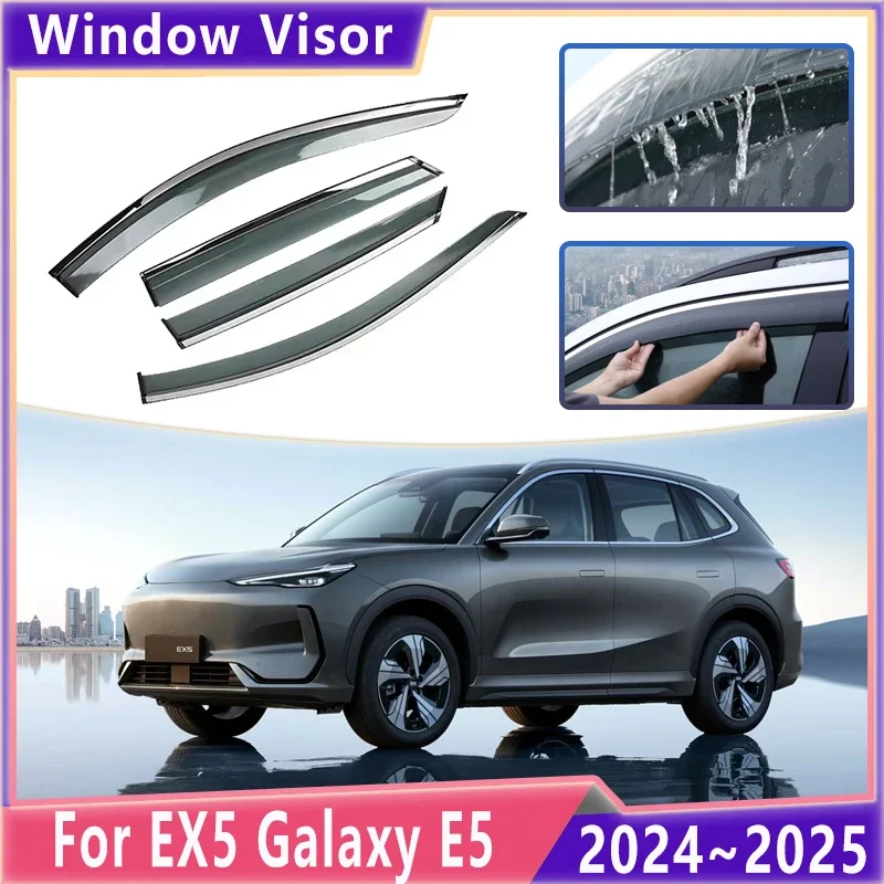 Car Window Shield Awnings For Geely EX5 Galaxy E5 2024 2025 Black Transparent Rain Eyebrow Deflector Bright Strips Accessories