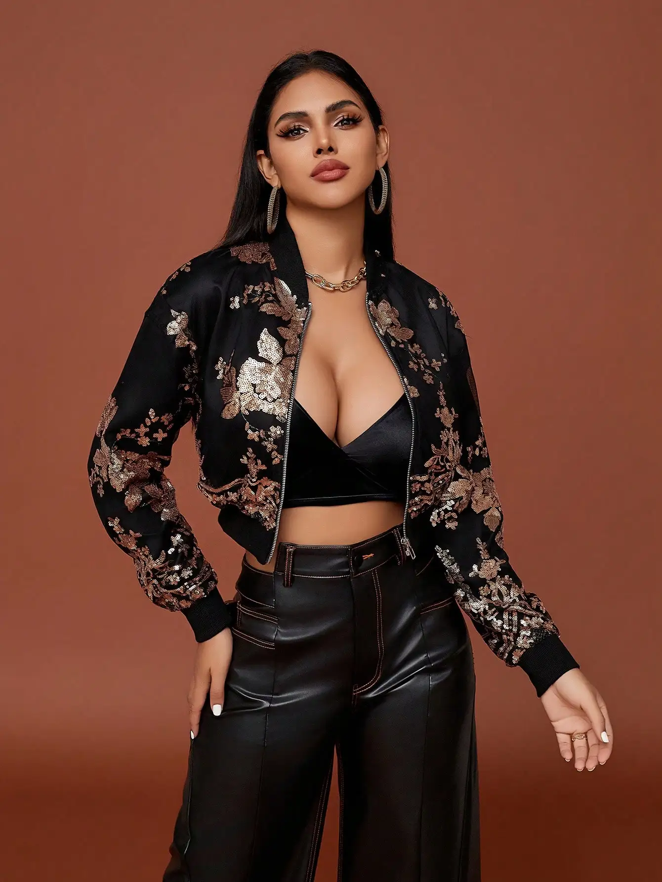 

Black Floral Sequin Embroidered Bomber Jacket with Zipper and Ribbed Cuffs