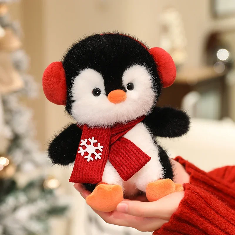 Fluffy Christmas Penguin Snowman Plush Toy Red Earmuffs Scarf Snowflake Stuffed Animal Doll For Winter Holiday Home Sofa Decor