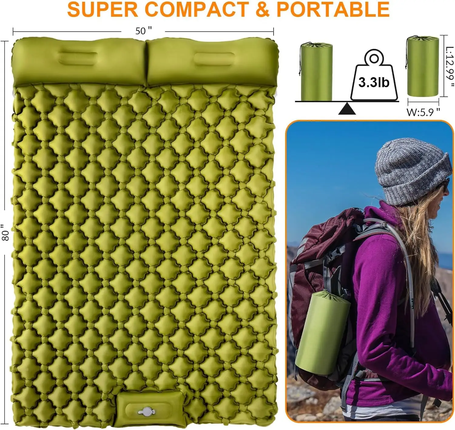 Ultralight 4" Extra-Thick Self Inflating Sleeping Mat for 2 Person with Pillow Built-in Foot Pump Portable Camping Mat