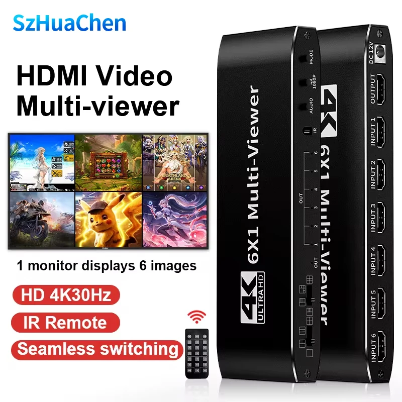 4K HDMI Multiviewer 6x1 Seamless Switch Quad Screen Switcher 6 In 1 Out with IR Remoter for Camera Monitor