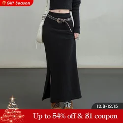 Maden Retro Knitted Skirt Solid Color Slit Fit with Single-side Slit Versatile A - line Skirt for Women's Autumn and Winter