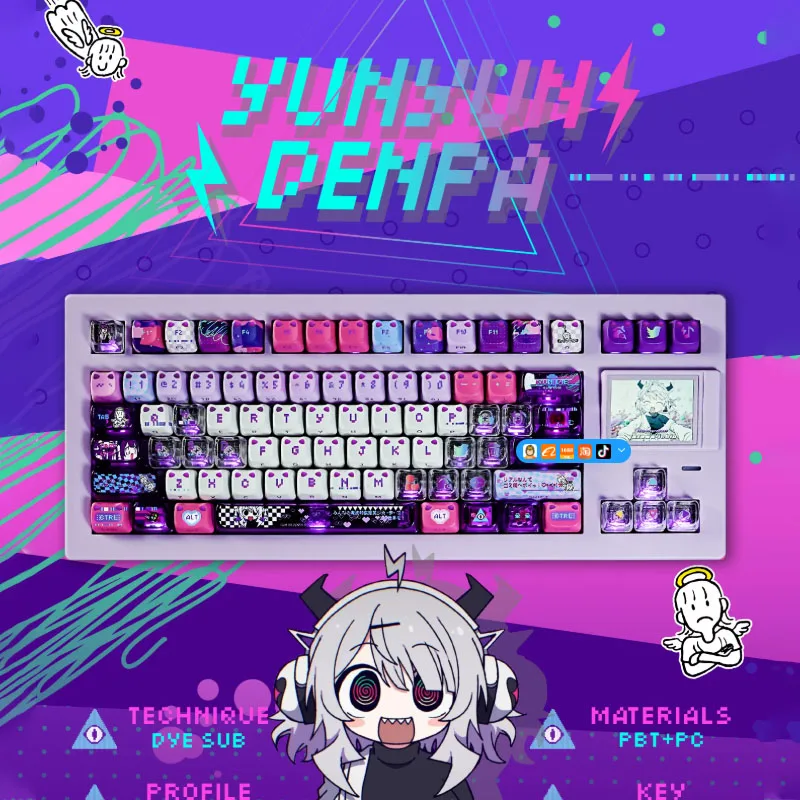 TitanNation Dizzy Wave PBT Dye-Sub Keycaps Set MAO Profile PBT Sublimation Purple Kawaii Cat Ear Shape Keycap Replacement Cap