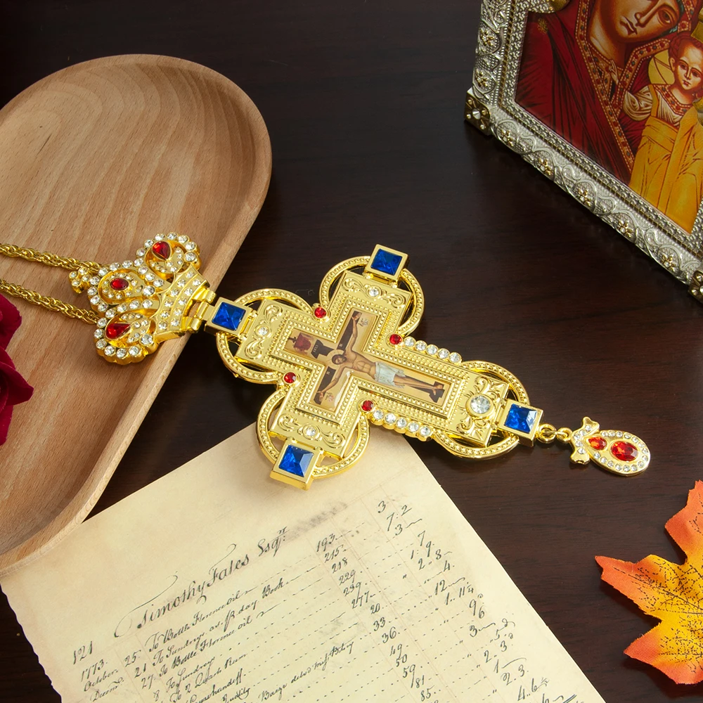 

HTISOK Orthodox Religious Gold Gun Plated Color Pectoral Cross Necklace with Customize Stones