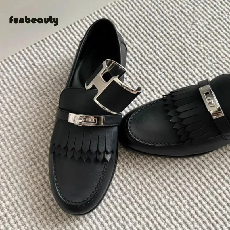 2024 Classic Little Gold Buckle Tassel Genuine Leather loafers Sneakers Lazy British Leather Shoes Flat Shoes Single Shoes