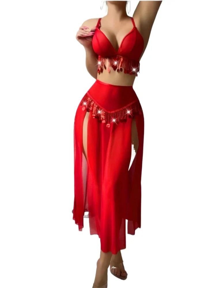 Sexy Lingеrie Sexy Mesh Slit Long Skirt Women's Split Three-point Erotic Lingerie Set Transparent Dance Skirt See Through Dress