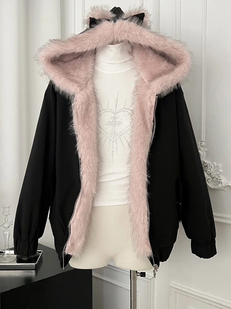 Winter Women Japanese Fashion Hoodies Faux Fur Coat 2000s Jacket Dark Academia Outwear Thick Warm Stylish Shoujo Harajuku Y2k