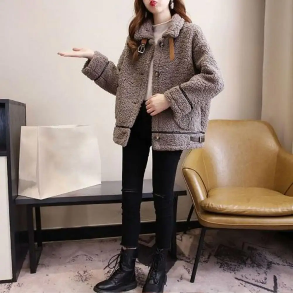 Regular Fit Plush Coat Women Plush Jacket Stylish Winter Women\'s Coat with Plush Pockets Belt Decor Warm for Cold for Women