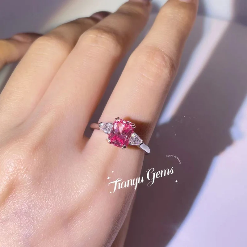 Tianyu Gems Moissanite Ring Pink Stone Radiant Cut Gemstone Silver 925 White Gold Custom Rings Women Engagement Fine Jewelry