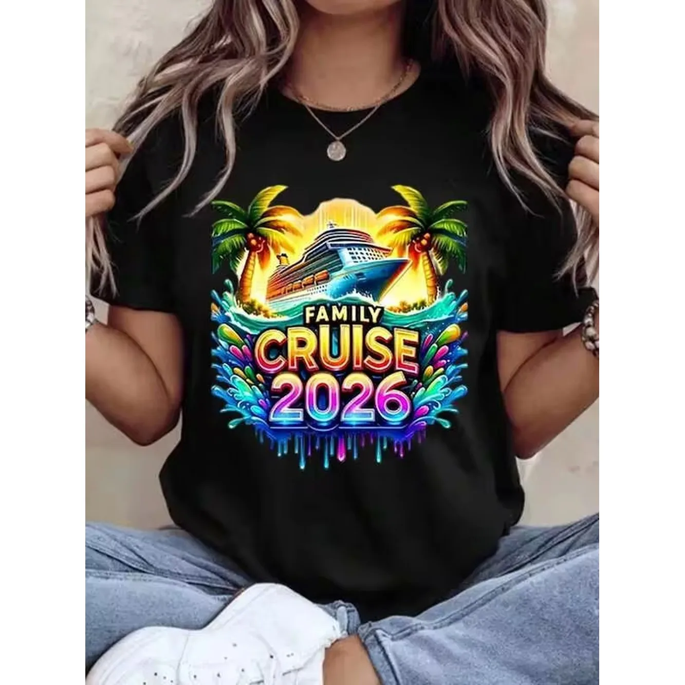 Family Cruise 2026 Tropical Paradise Cruise Ship Vacation T Shirt Summer Travel Souvenir Gift For Family Getaway Party Wear,220g