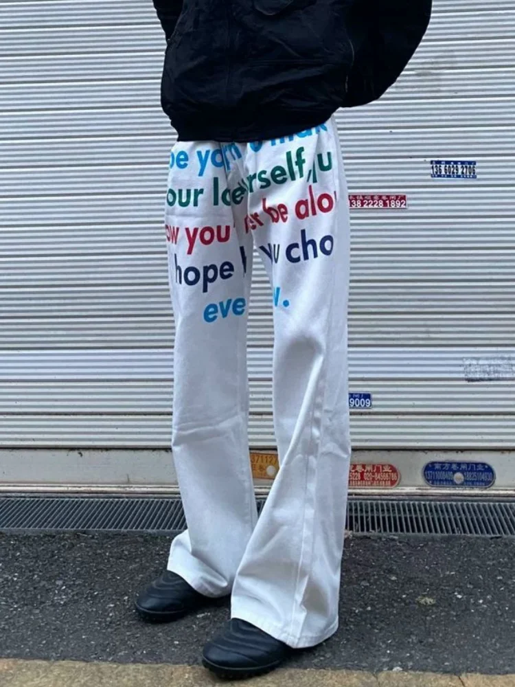 2025 American Retro Y2K Style Letter Printed White Baggy Jeans Pants For Men Clothing Straight Streetwear Cotton Long Trousers