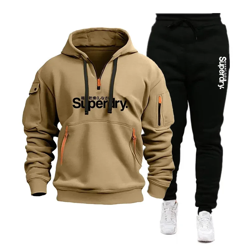 Nuovo abbigliamento da uomo autunno e inverno con cerniera, maglione con cappuccio + pantaloni della tuta, set da corsa, fitness, basket, jogging, set casual da 2 pezzi