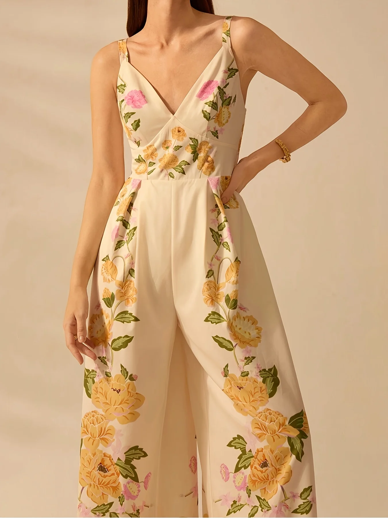 

Women's Beige Floral Print Deep V-Neck Sleeveless Wide-Leg Jumpsuit - Chic Party & Date Outfit