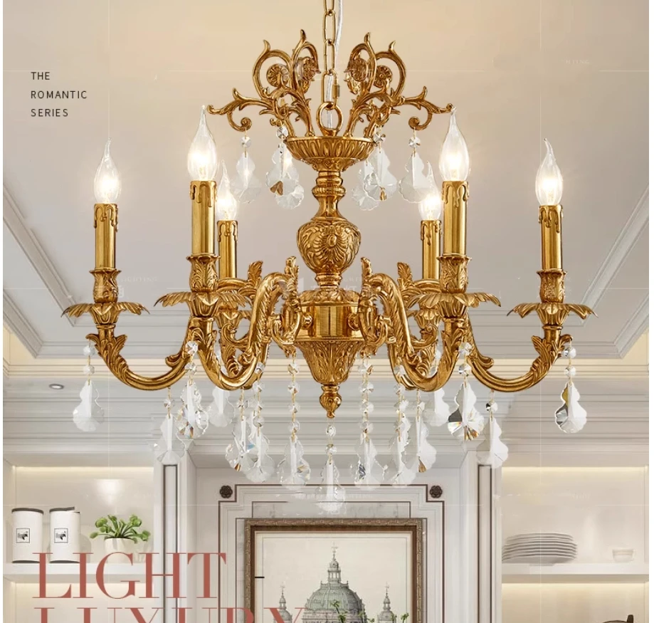 

Newly Copper Chandelier D66cm H56cm 6L Candle Style AC Villa Entrance Living Bedroom Aisle Restaurant Decorative Pendent Light