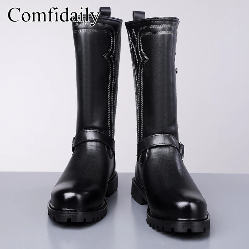 

High cut thick soled motorcycle boots with rivets belt buckles embroidered retro style breathable exquisite high-end tube boots