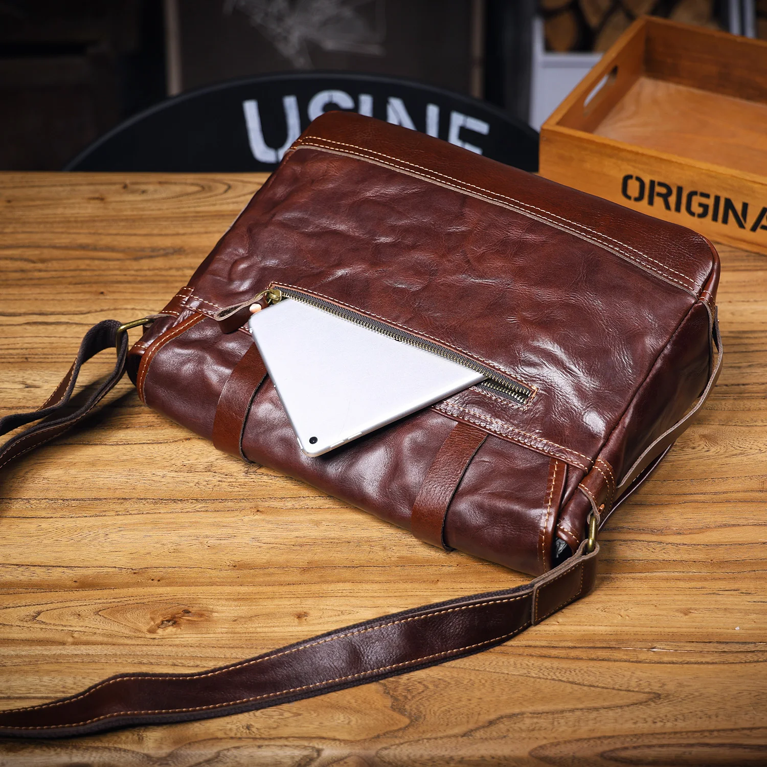 S.WORKER Vintage Echtleder Herren-Umhängetasche Crossbody-Taschen Crazy Horse Rindsleder Schultertasche Top-Layer Mode – Detail 20
