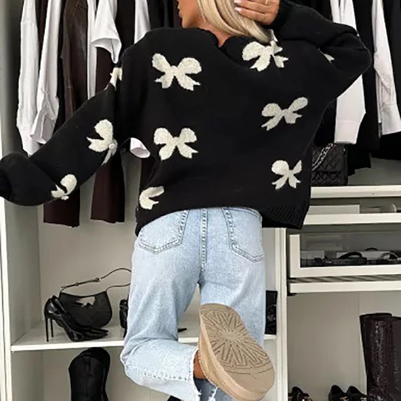 Elegant Long Sleeve Commuter Sweater 2024 New Winter Butterfly Knot Printed Sweater Women's Casual O Neck Lace Up Loose Cardigan