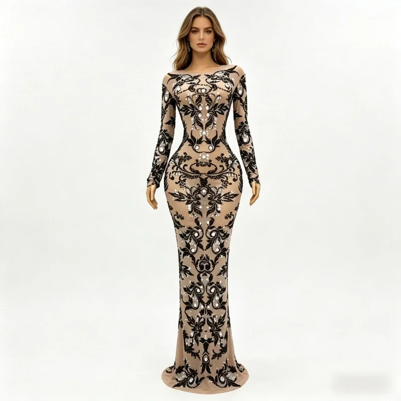 

Sexy Slin Dress WomenEvening Party Birthday Prom Rhinestones Print Rhinestones Mesh Stretch Long Dress Stage Performance Costume