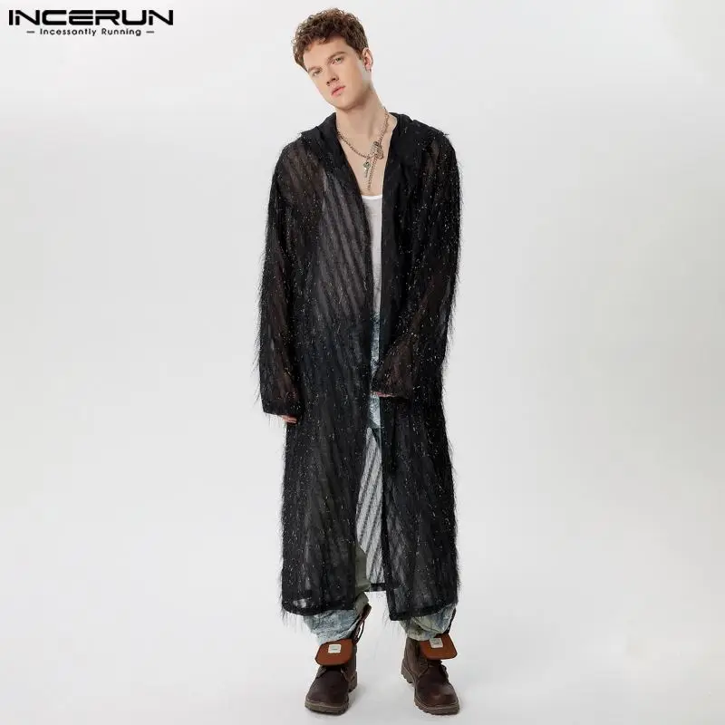 

INCERUN Men Shirt Tassel Transparent Hooded Long Sleeve Open Stitch Long Style Cardigan Kimono Streetwear 2024 Fashion Camisas