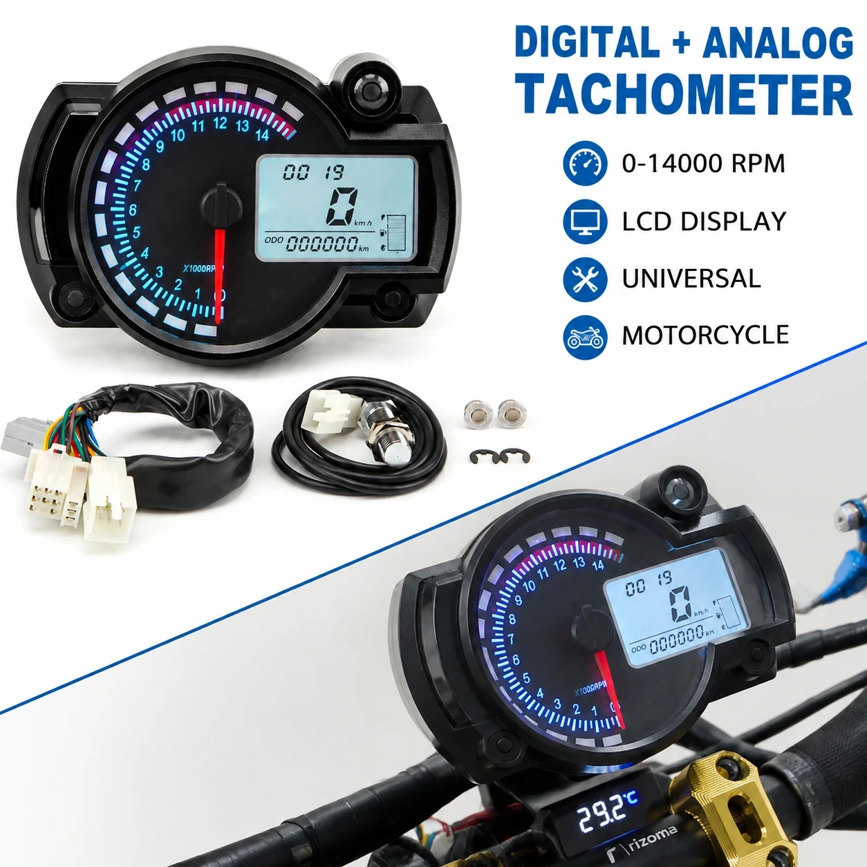 Motorcycle LCD Instrument Cluster,Universal Modified Digital Speedometer Tachometer,7 Color Backlight,Odometer Fuel Gear Display