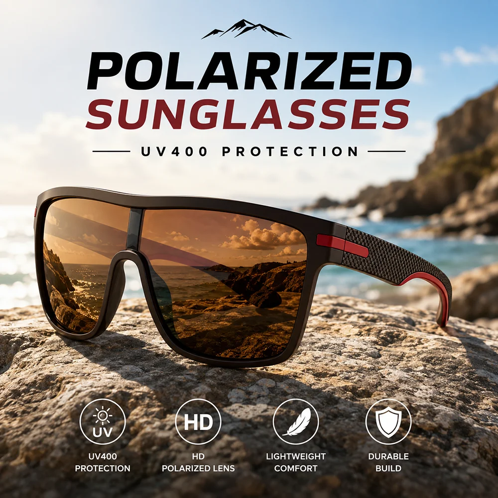 Men Square Polarized Sunglasses UV400 Anti Glare Driving Glasses Red Accent Textured Leg Sport Shades