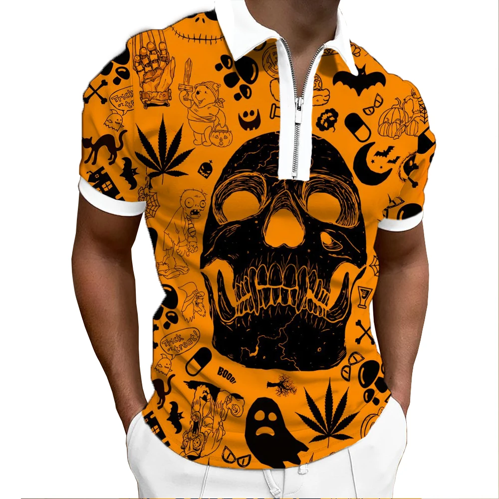 2022 Summer New Men's Lapel Polo Shirt Fashion Zipper Short Sleeve Yellow Anime Skull Pattern 3D Printing Street Style Top