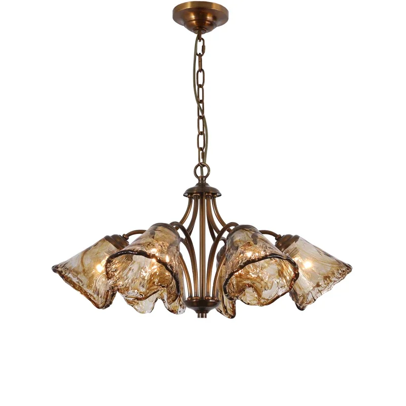 

American all-copper dining room chandelier retro French downward low-rise high living room bedroom glass lamp