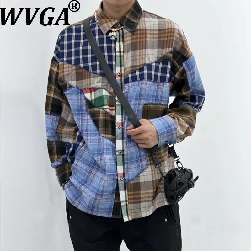 

WVGA Spring Autumn New Man High Street Patchwork Trendy Plaid Long Sleeved Shirts Niche Chic Casual Turn-Down Collar Tops W12363