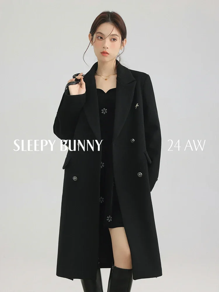 

Double-Breasted Black Wool Coat Women Winter Slim Fit Belted Long Overcoat Retro Style Elegant Woolen Classic Outerwear 2024