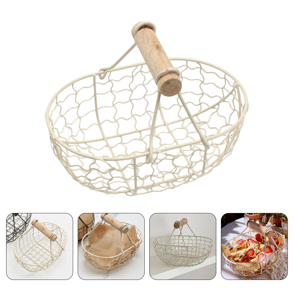 

Decorative Basket with Lid Wrought Iron Storage Fruit Wire Vegetable Bowl Beige Kitchen Organizer Bread