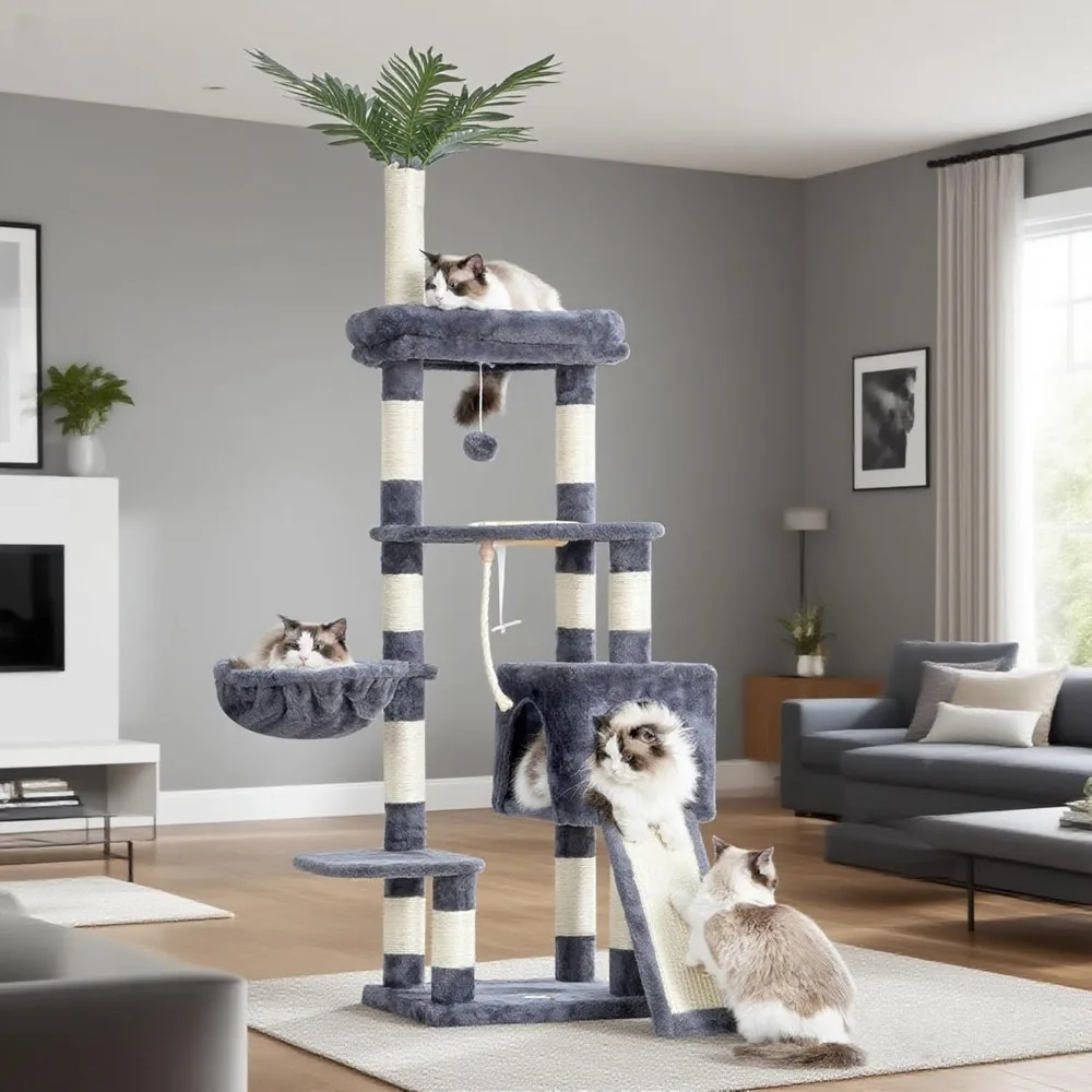 Árbol para gatos, torre para gatos de interior, condo para gatos de 65,4 pulgadas con perchas, cesta, muebles de felpa de varios niveles