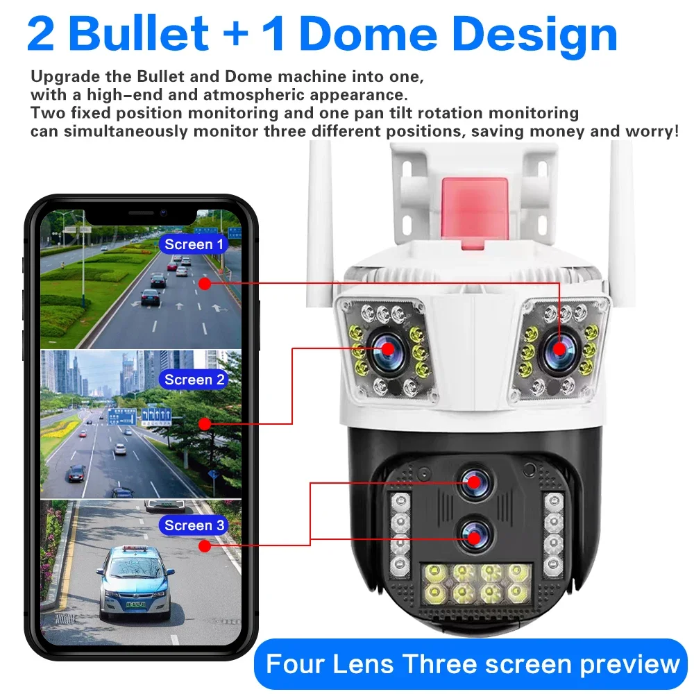 WIFI 16MP Home PTZ Security Camera Four Lenses Three Screen 10X Zoom AI Human Auto Tracking 8K 4K Outdoor CCTV Surveillance Cam