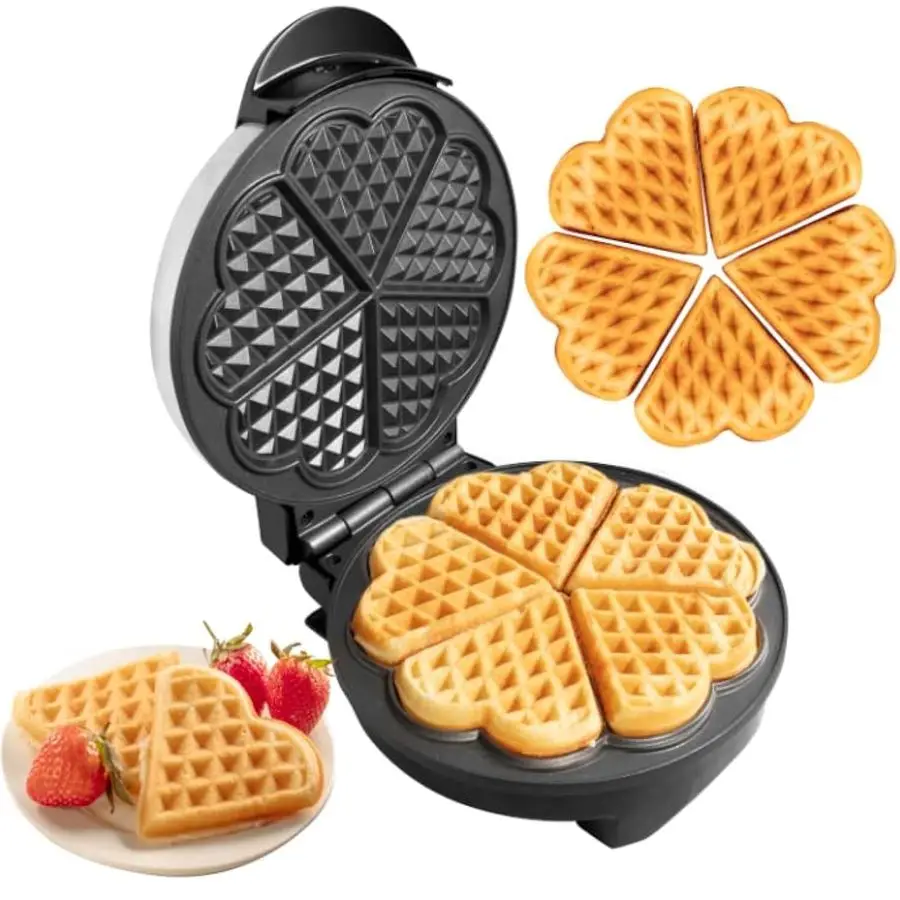Waffle Maker Make 5 Mini Heart Shaped Waffles, Special Loved Ones Breakfast Easy Clean Nonstick Baker, Electric Waffler Griddle