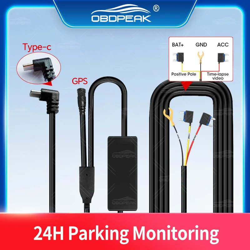 OBDPEAK Hardwire Kit For K8/K8s/K8 Pro 12-24V For Dash cam Type-C Interface Buck Line With GPS Port 24H Park Monitor 3A
