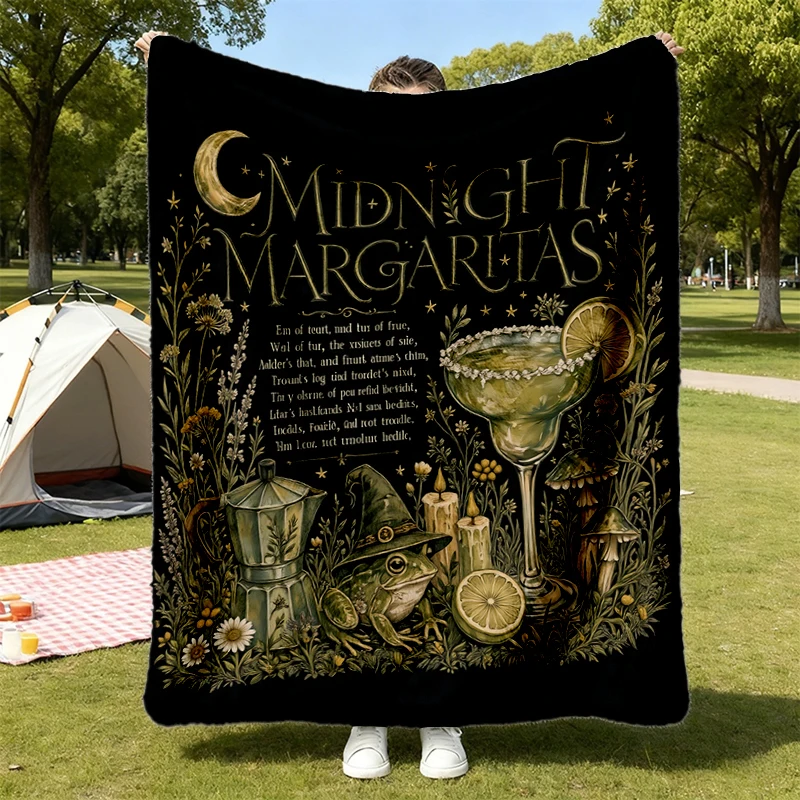 Midnight Margaritas Soft Blanket, Witchy Cottagecore Halloween Comfy Blanket, Frog Familiar Vintage Moon Graphic Flannel
