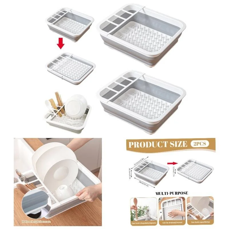 

2pcs collapsible dish drying rack, foldable kitchen counter drainer with multi-compartment basket, rustproof, sink or countertop