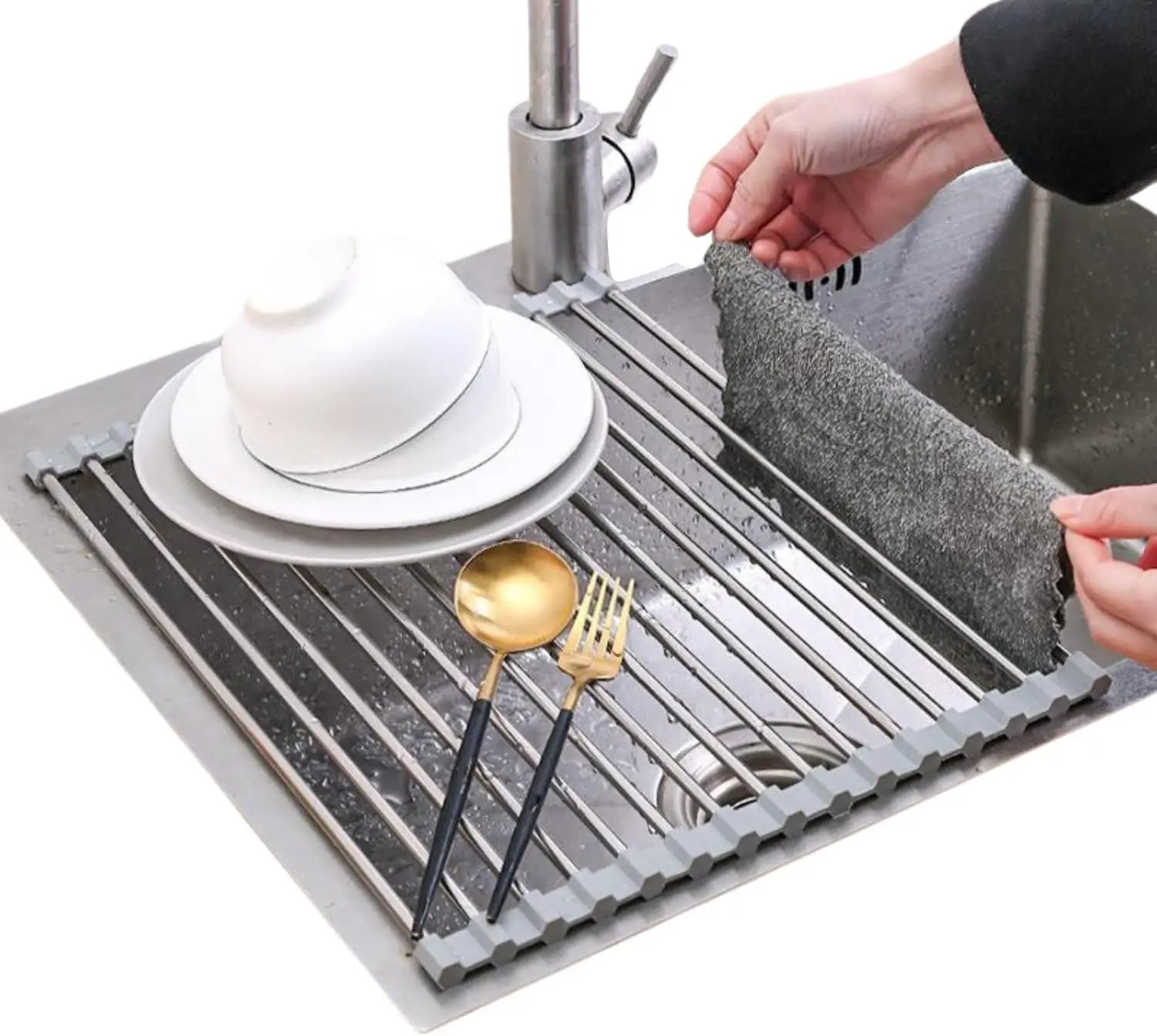 

1 Pc Stainless Steel Foldable Kitchen Sink Drain Rack, Space Saving Roll Up Design for Efficient Drain Drying of Dishes and Chop