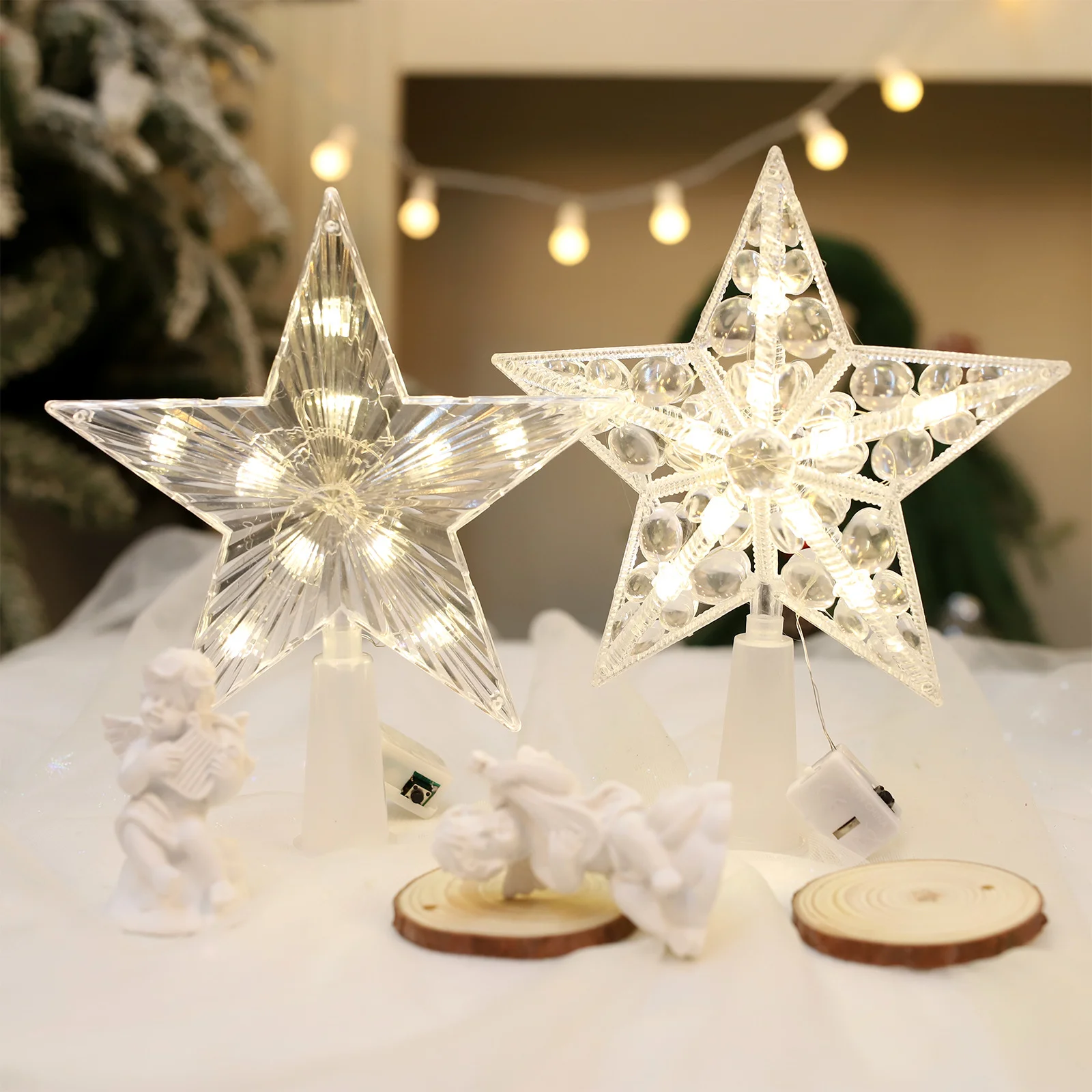 1Pcs LED Christmas Tree Ornaments Toppers Stars Light With Battery For Home Decorations Xmas Trees Lamp New Year 2026 Navidad