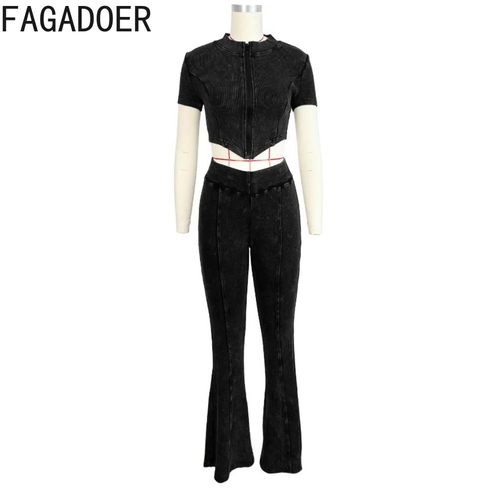 FAGADOER Fashion Solid Ribber Two Piece Sets Women V Neck Zipper Short Sleeve Crop Top And Skinny Pants Outfit Female Streetwear