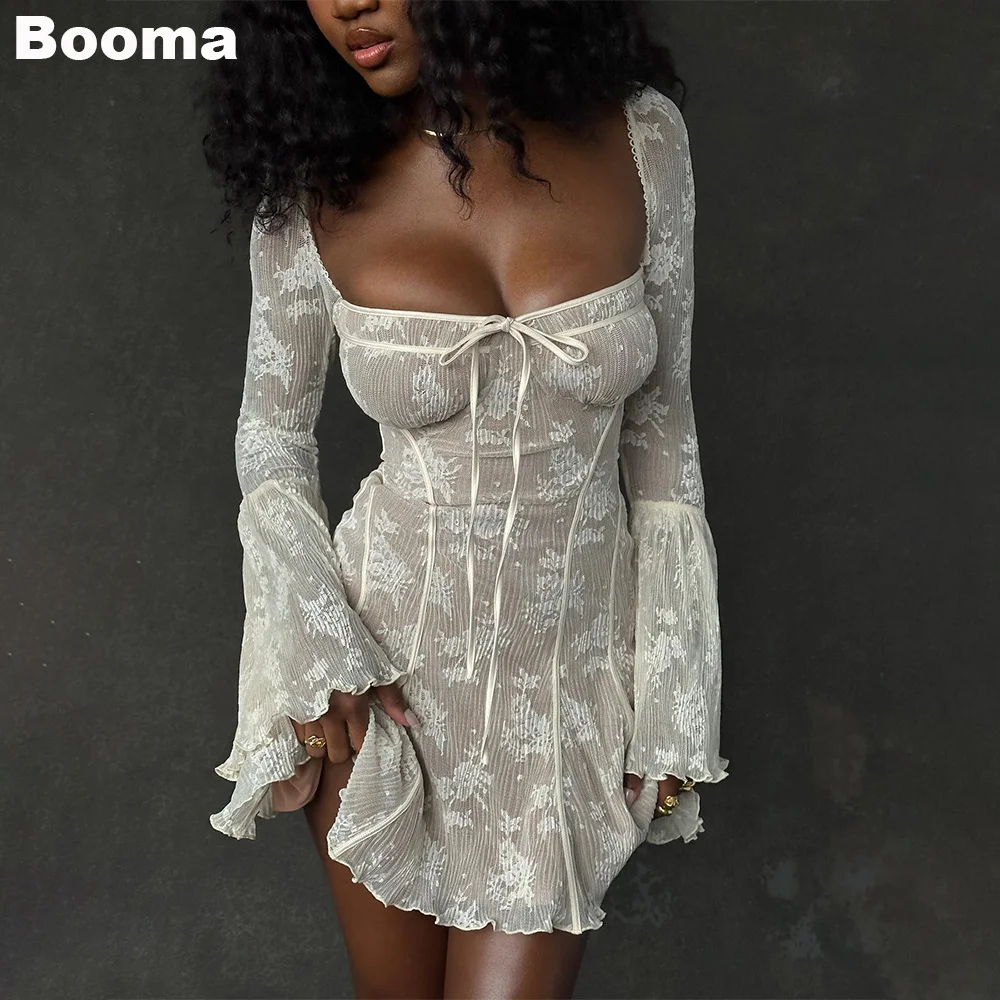 

Booma Mini Prom Dresses Square Collar Lace Coctail Dresses Long Sleeves Short Birthday Party Dress for Women Girls Club Outfits