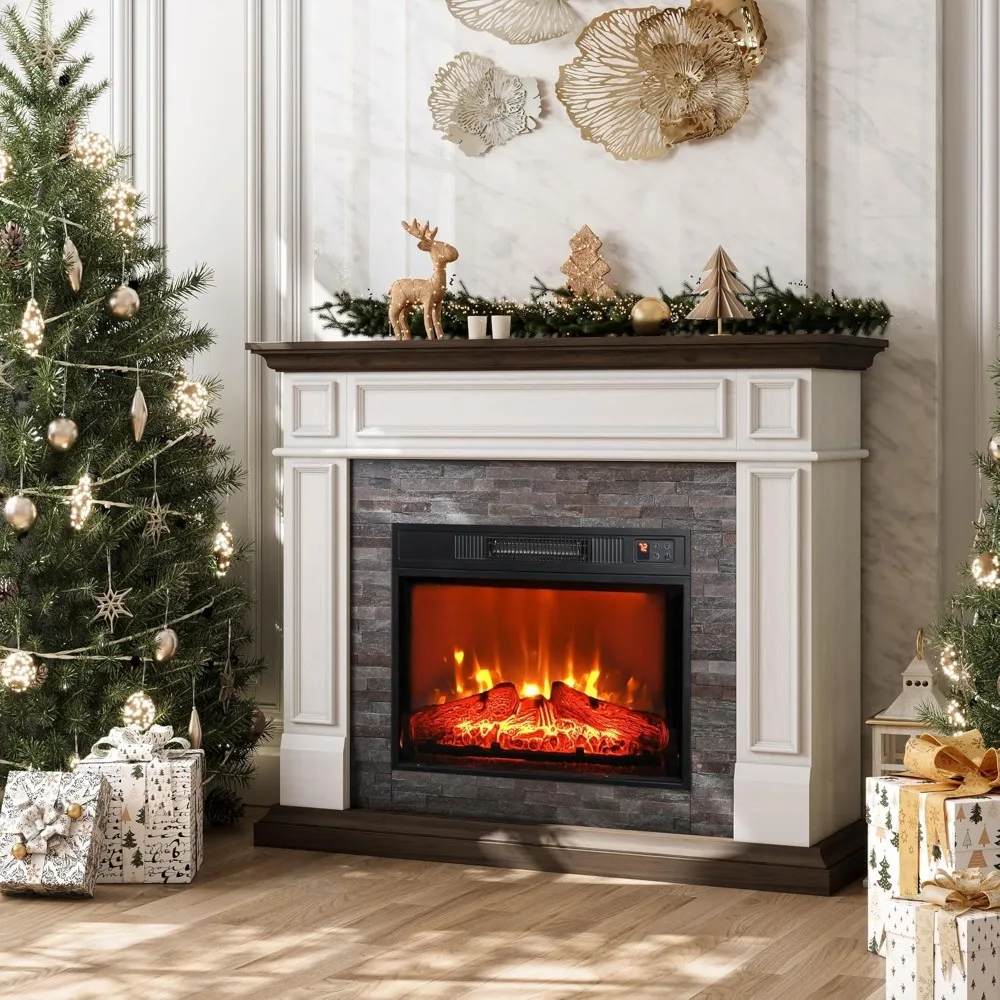 

44 Inches Electric Fireplace with Mantel, Freestanding Wood Stove Heater, Realistic 3D Dancing Flame Effect and Stacked Stone S
