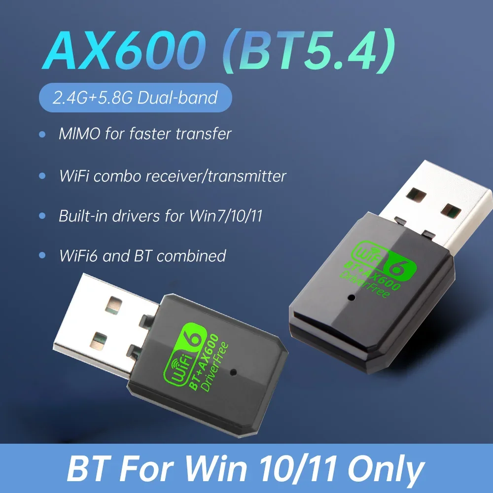

Wifi 6 Bluetooth 5.4 Adapter AX600 USB2.0 Adapter Dual Band 2.4G/5Ghz Network Wireless Receiver for PC Laptop 10/11 Driver Free