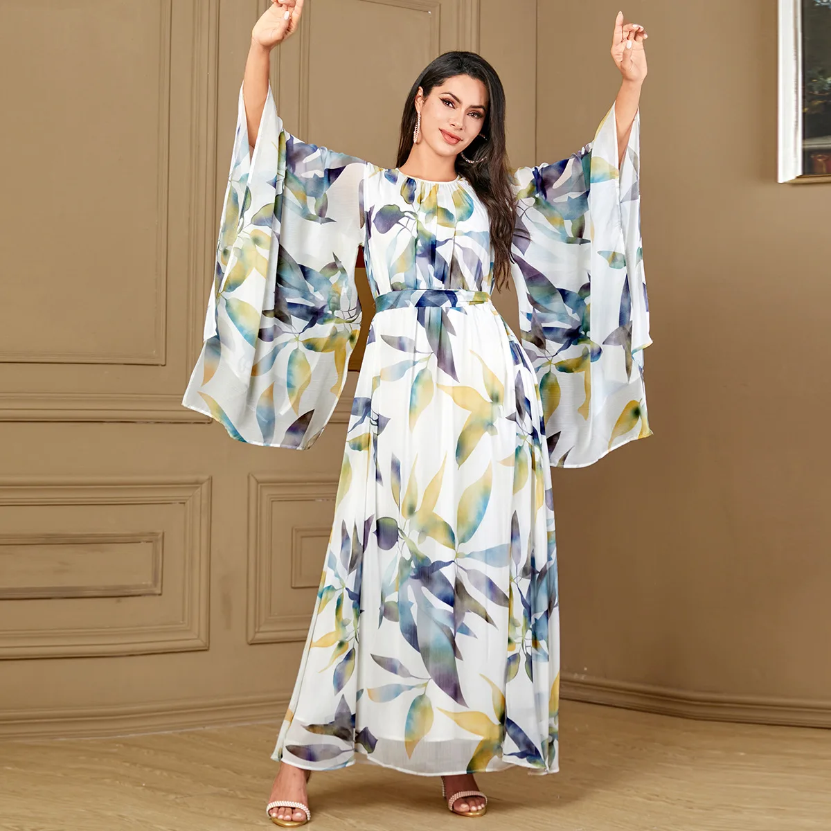 

Fashion Floral Print A-Line Long Dresses With Belt For Dubai Muslim Woman Flare Sleeve O-Neck Elegant Casual Abayas