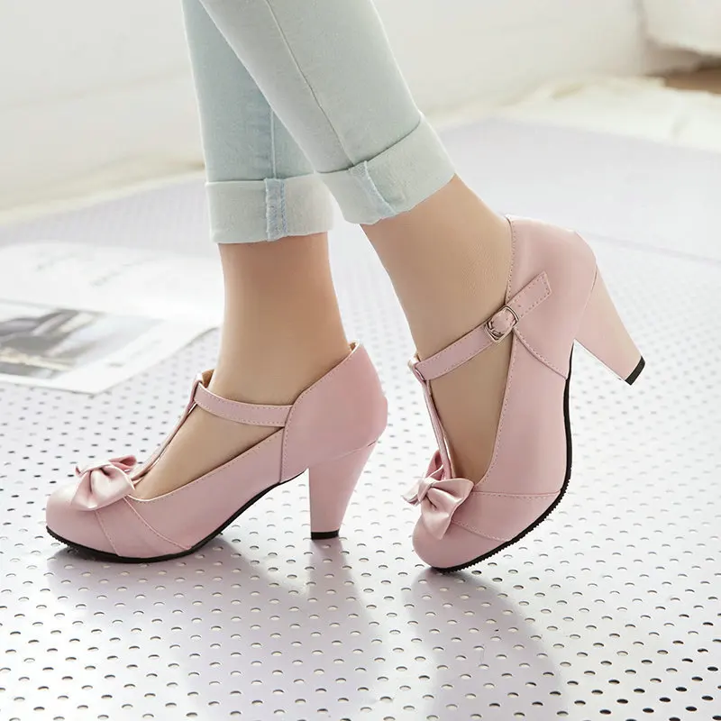 Plus Size 32-46 Girls Women High Heel Shoes Round Toe Heel Pumps Women's Platform Pumps with Bow Party Wedding Footwear t strap