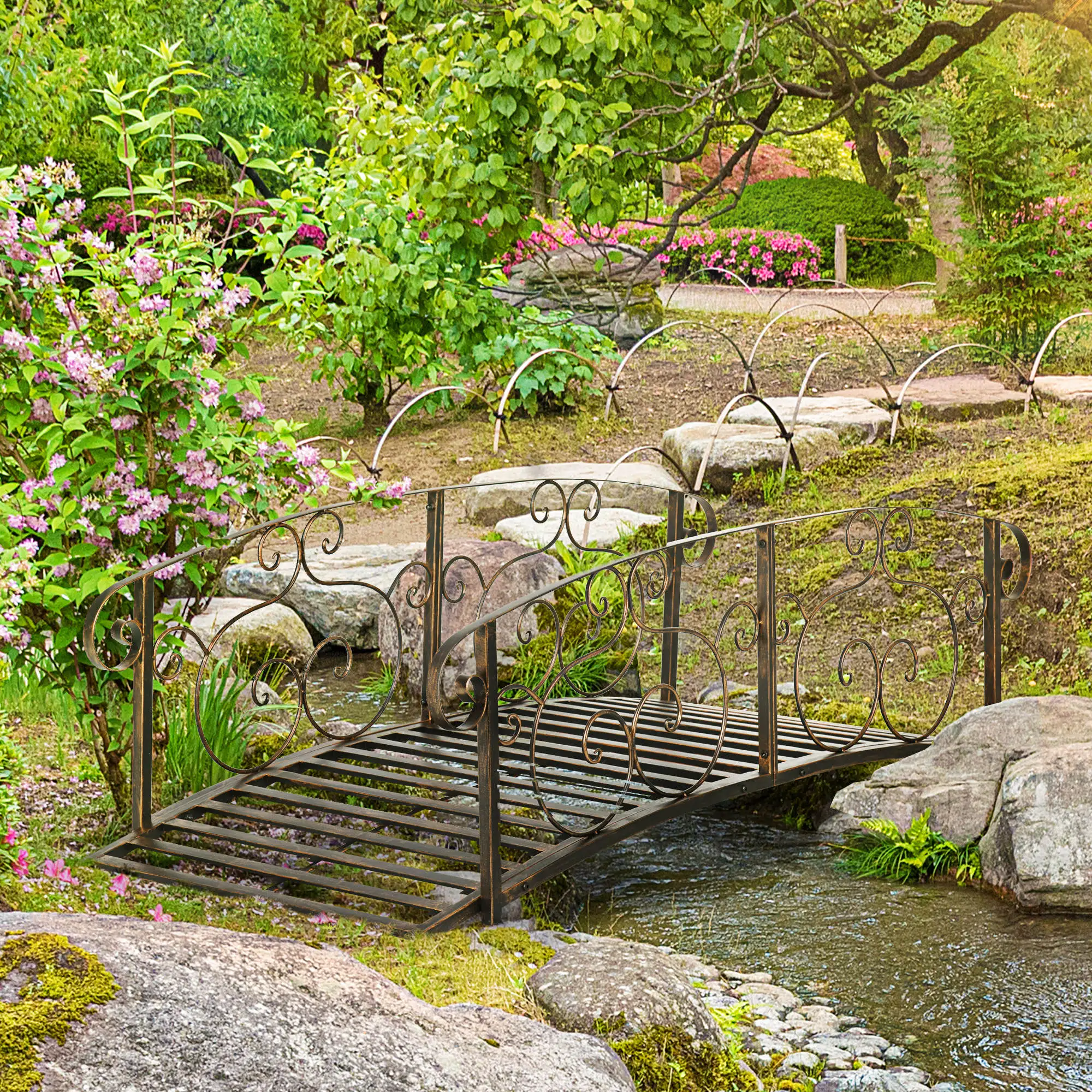 6FT Garden Bridge with Safety Rails Decorative Pond Bridge, Bronze