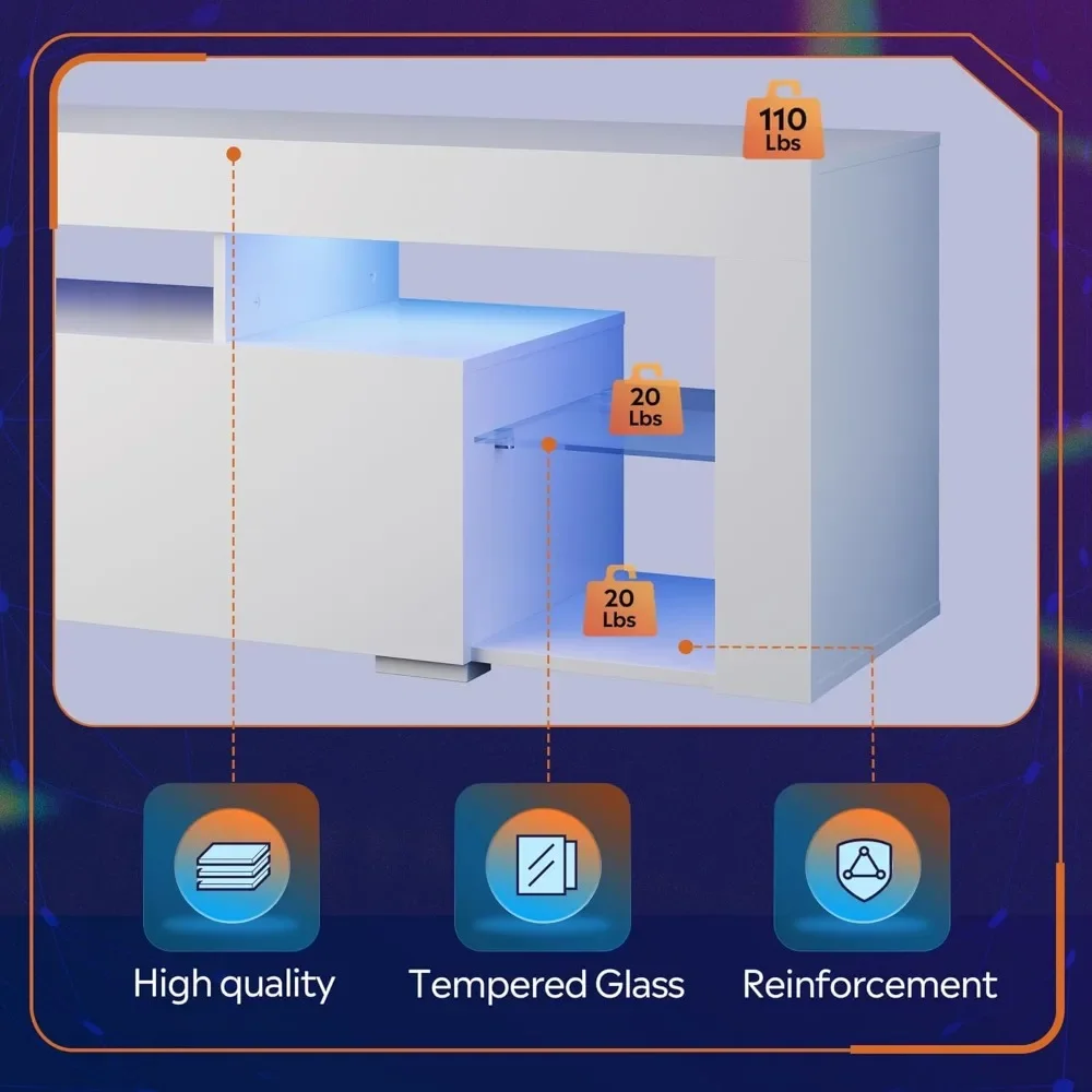 Suporte de TV de 63 polegadas, centro de entretenimento LED para TV de 60 a 70 polegadas, console de TV moderno com 2 gavetas, suporte de TV para sala de estar