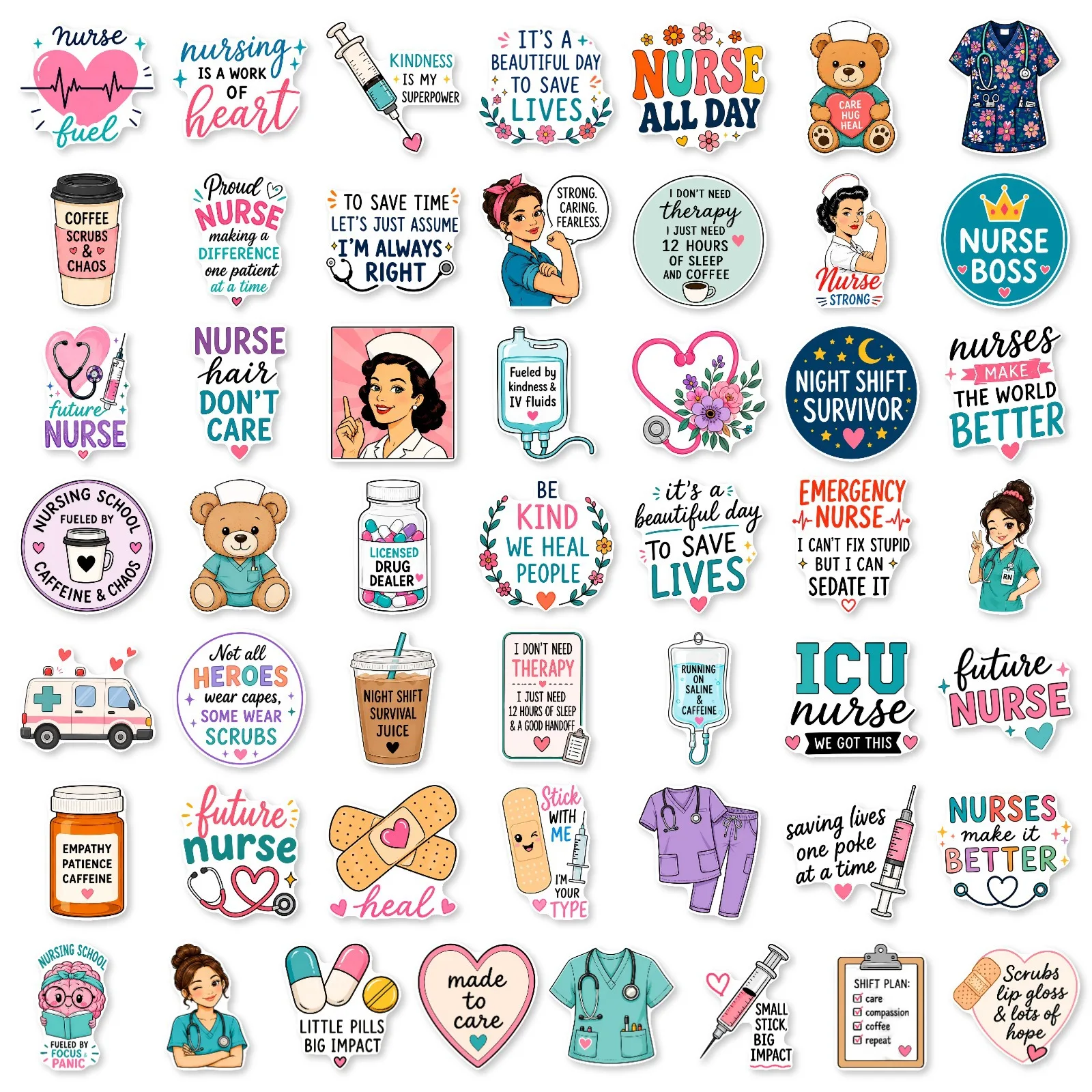 50pcs Medical Nurse Fun Stickers Decorative Scrapbooking Stickers Animes Cartoon Graffiti Stickers Phone Guitar Laptop Notebook