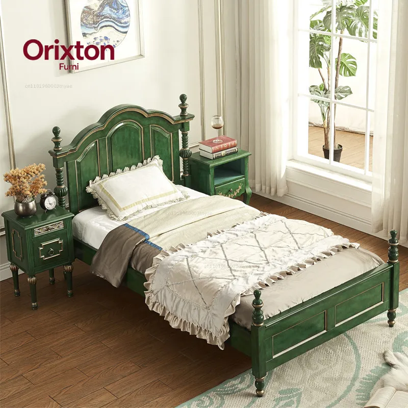 American rural double solid wood green bed retro master bedroom large single Nordic light luxury French backrest pastoral bed