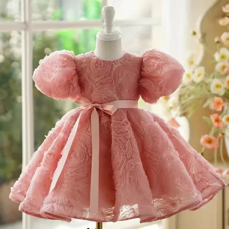 

High-End Children's Princess Pink Dress Wedding Birthday Baptism Party Evening Dress A3828 Vestidos Flower Girl Dresses