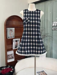 Estate coreano Vintage Plaid Mini abito donna vecchi soldi abiti senza maniche 2000s Party Preppy Mori Girl One-Piece o-collo elegante